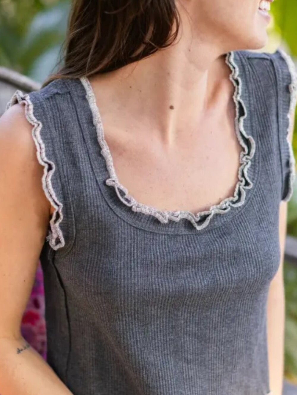 Natural Life Ruffle Crop Tank Top Boho Charcoal M